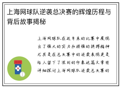 上海网球队逆袭总决赛的辉煌历程与背后故事揭秘